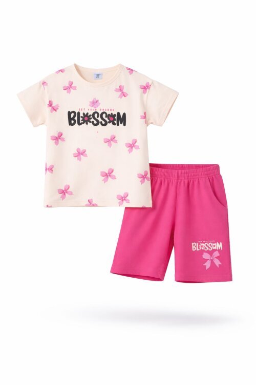 Pembe Fiyonk Desenli Bisiklet Yaka Tişörtlü Kız Çocuk Şortlu Takım 23882