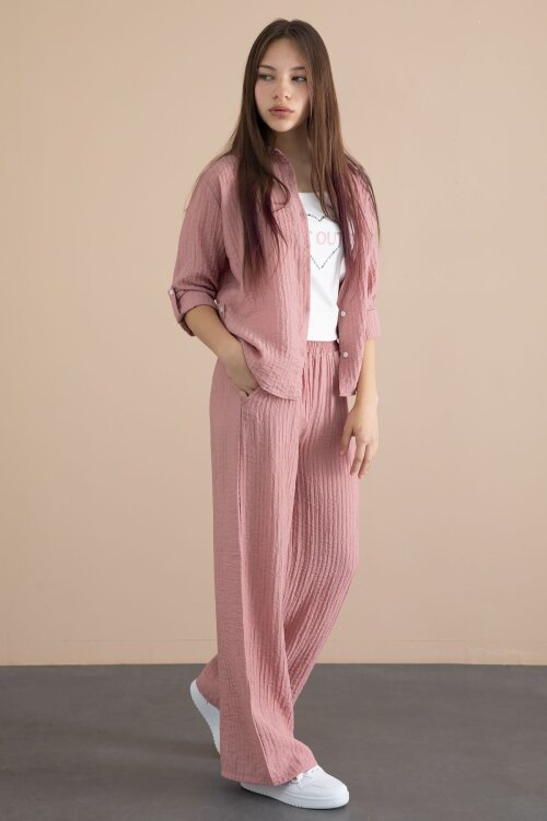 Pembe Geniş Paça Pantolonlu Gömlekli Kız Çocuk Croplu 3lü Alt Üst Takım 24065