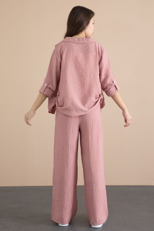 Pembe Geniş Paça Pantolonlu Gömlekli Kız Çocuk Croplu 3lü Alt Üst Takım 24065