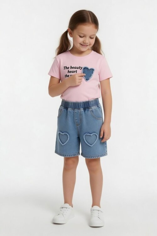 Pembe Kalp Nakışlı Badili Jean Şortlu Kız Çocuk Takım  24052