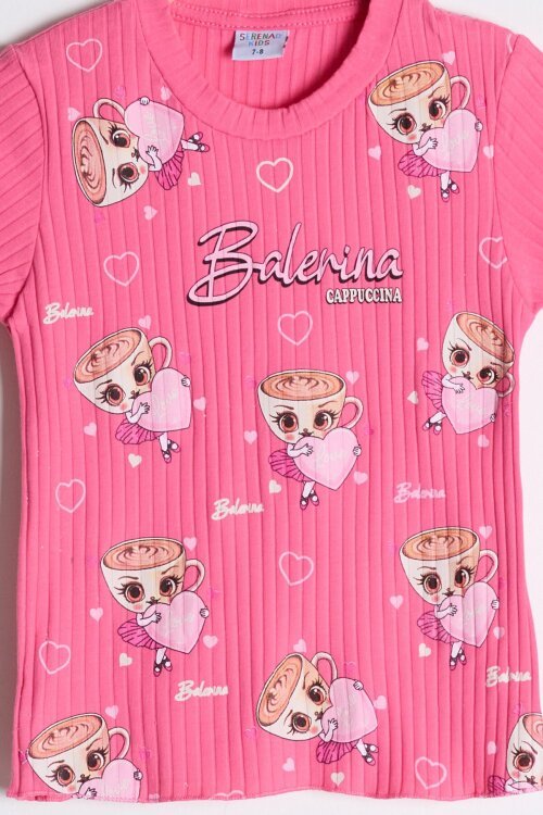 Pembe Kalpli Balerin Desenli Badili Jean Salopetli Kız Çocuk Takım 24085