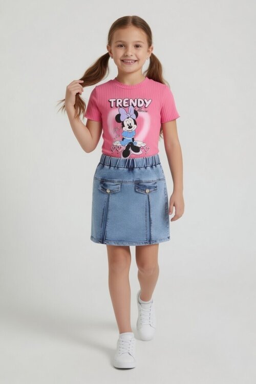 Pembe Kalpli Fare Desenli Tişörtlü Jean Etekli Kız Çocuk Takım 24101