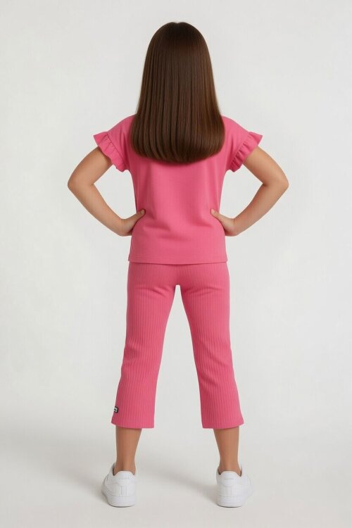 Pembe Karakter Baskılı Fitilli Bermuda Pantolonlu Kız Çocuk Tişörtlü Takım  23805