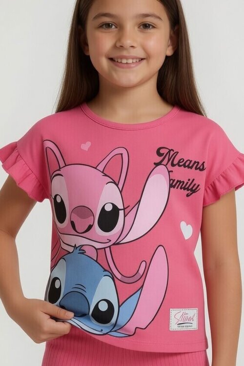 Pembe Karakter Baskılı Fitilli Bermuda Pantolonlu Kız Çocuk Tişörtlü Takım  23805