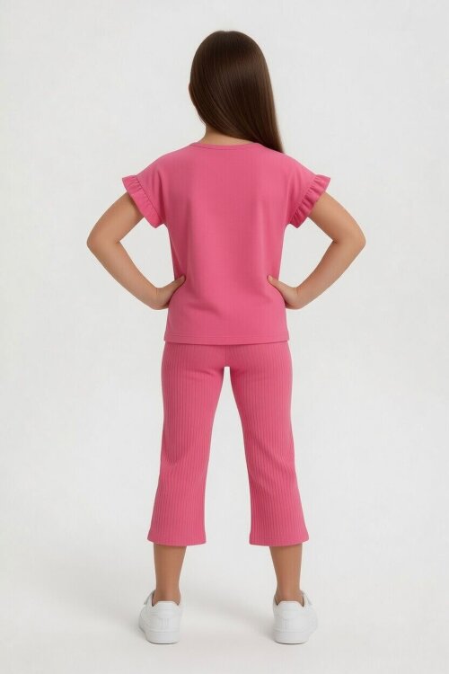 Pembe Karakter Baskılı Tişörtlü Fitilli Pantolonlu Kız Çocuk 2li Takım 23829