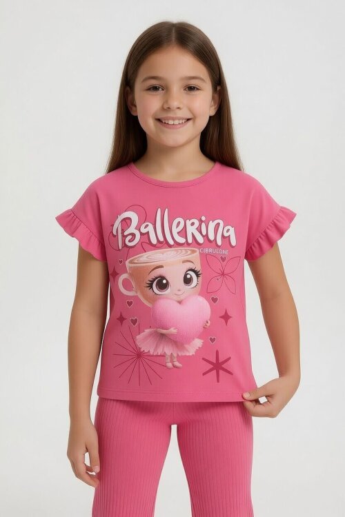 Pembe Karakter Baskılı Tişörtlü Fitilli Pantolonlu Kız Çocuk 2li Takım 23829