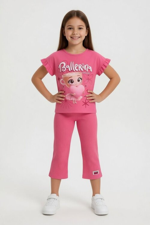 Pembe Karakter Baskılı Tişörtlü Fitilli Pantolonlu Kız Çocuk 2li Takım 23829