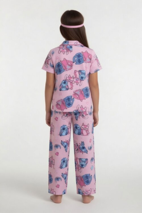 Pembe Karakter Desenli Kısa Kol Kız Çocuk Göz Bantlı Pijama Takımı 24014