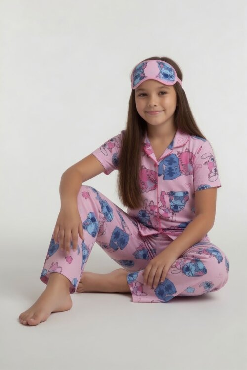 Pembe Karakter Desenli Kısa Kol Kız Çocuk Göz Bantlı Pijama Takımı 24014