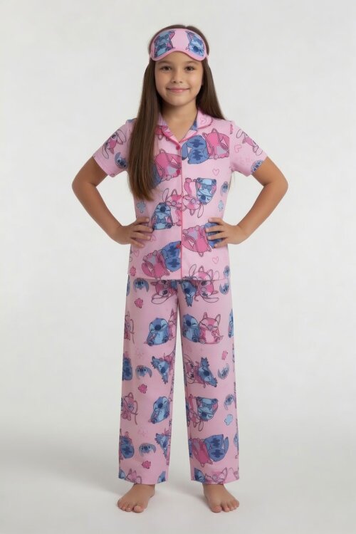 Pembe Karakter Desenli Kısa Kol Kız Çocuk Göz Bantlı Pijama Takımı 24014