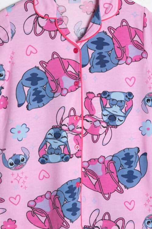 Pembe Karakter Desenli Kısa Kol Kız Çocuk Göz Bantlı Pijama Takımı 24014