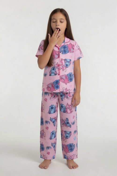 Pembe Karakter Desenli Kısa Kol Kız Çocuk Göz Bantlı Pijama Takımı 24014