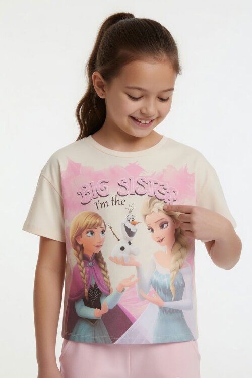 Pembe Karlar Kraliçesi Baskılı Kız Çocuk Tişörtlü Şortlu Takım  23949