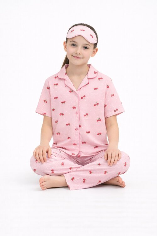 Pembe Kiraz Desenli Kısa Kol Kız Çocuk Göz Bantlı Pijama Takımı 23821