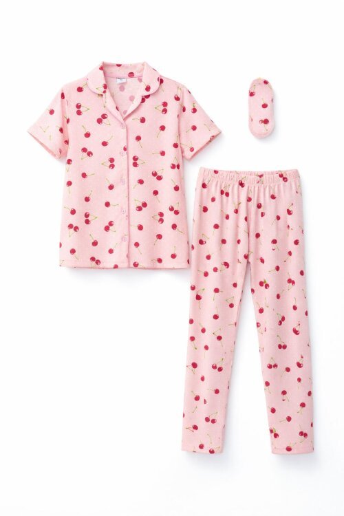 Pembe Kiraz Desenli Kısa Kol Kız Çocuk Göz Bantlı Pijama Takımı 23821