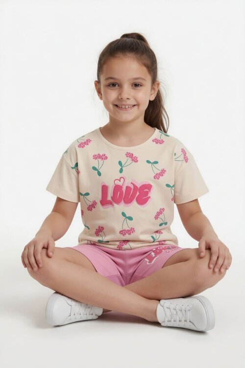 Pembe Kiraz Desenli Love Yazılı Tişörtlü Kız Çocuk Şortlu Takım 23896