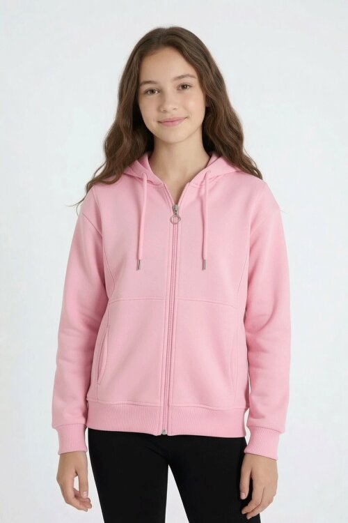 Pembe Kız Çocuk Fermuarlı Kapüşonlu Basic Hırka Şardonlu 24671