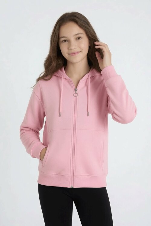 Pembe Kız Çocuk Fermuarlı Kapüşonlu Basic Hırka Şardonlu 24671