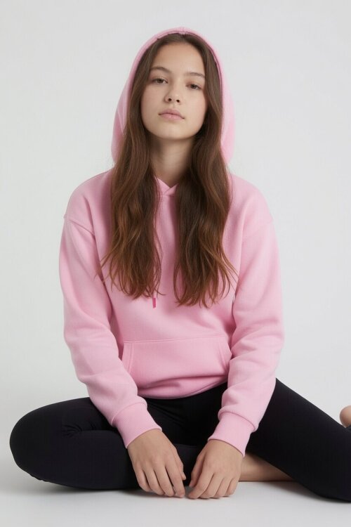 Pembe Kız Çocuk Kanguru Cepli Şardonlu Kapüşonlu Sweatshirt 24688