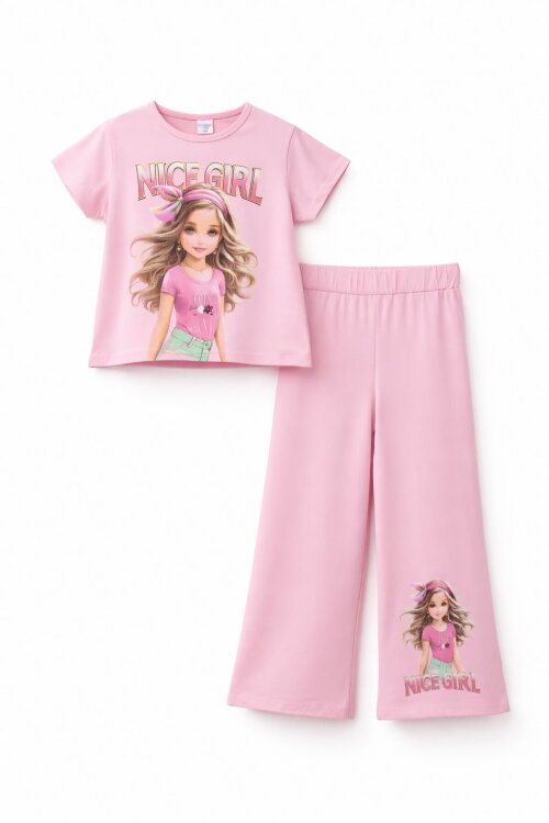 Pembe Kız Karakter Baskılı Geniş Paça Pantolonlu 2li Kız Çocuk Takım 23801