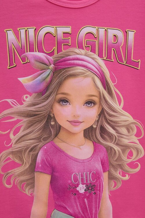 Pembe Kız Karakter Baskılı Geniş Paça Pantolonlu 2li Kız Çocuk Takım 23801