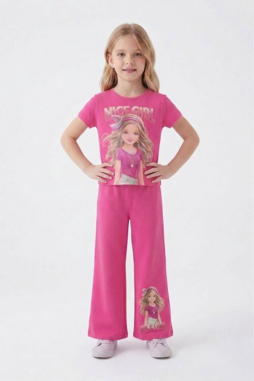 Pembe Kız Karakter Baskılı Geniş Paça Pantolonlu 2li Kız Çocuk Takım 23801