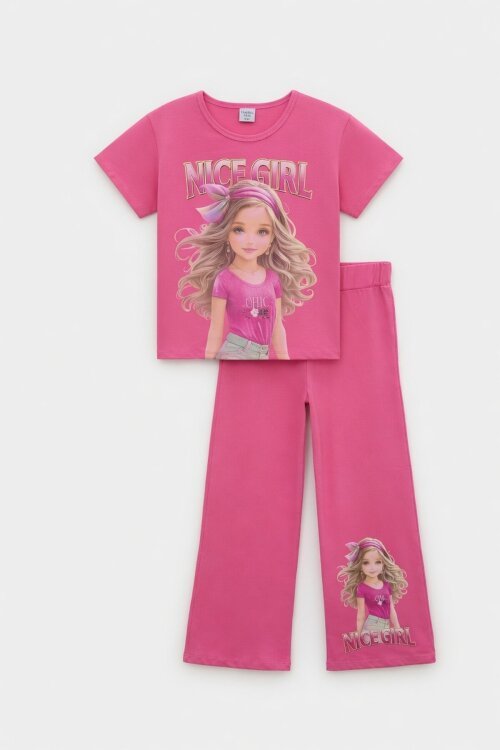 Pembe Kız Karakter Baskılı Geniş Paça Pantolonlu 2li Kız Çocuk Takım 23801