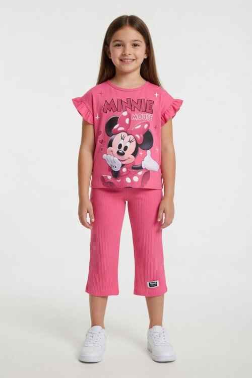 Pembe Minnie Desenli Tişörtlü Fitilli Pantolonlu Kız Çocuk Alt Üst Takım 23833
