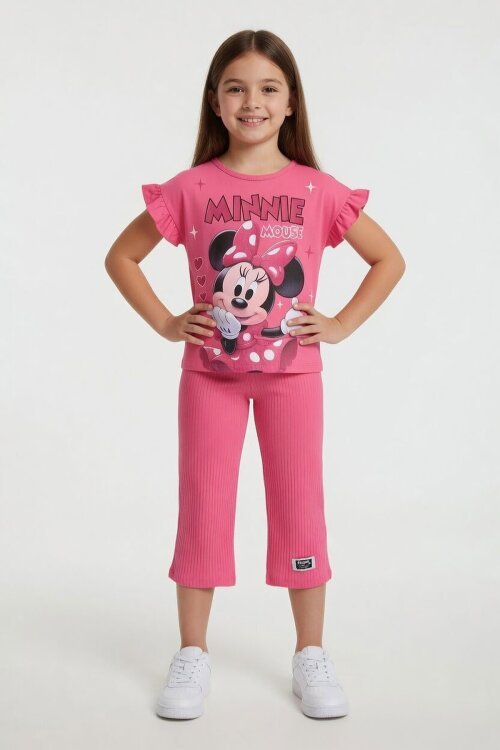 Pembe Minnie Desenli Tişörtlü Fitilli Pantolonlu Kız Çocuk Alt Üst Takım 23833