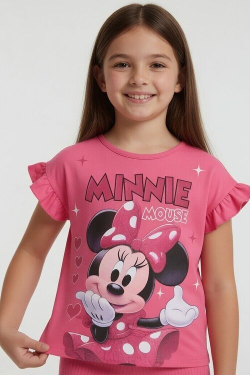 Pembe Minnie Desenli Tişörtlü Fitilli Pantolonlu Kız Çocuk Alt Üst Takım 23833