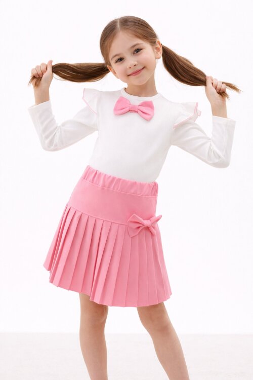 Pembe Piliseli Etekli Uzun Kol Badili Kız Çocuk Elbise Takımı 17741