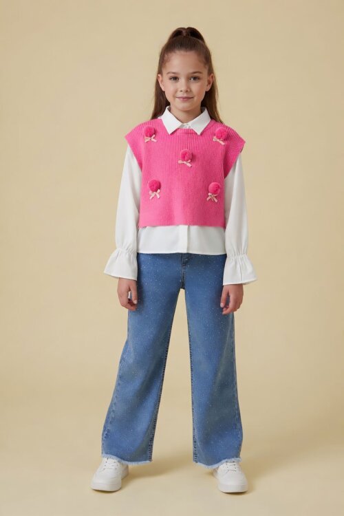 Pembe Ponponlu Süveterli Gömlekli Kız Çocuk Jean Pantolonlu 3lü Takım 24106