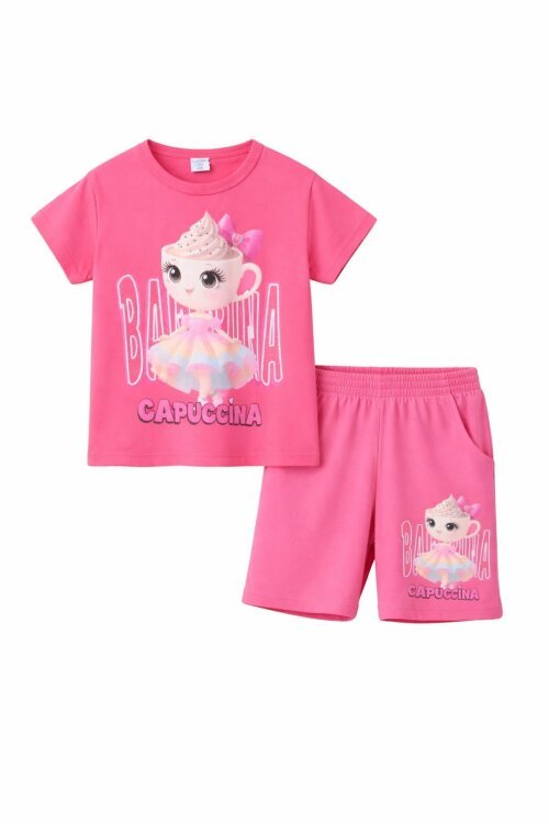 Pembe Sevimli Capuccina Baskılı Kız Çocuk Şortlu 2li Takım 23889