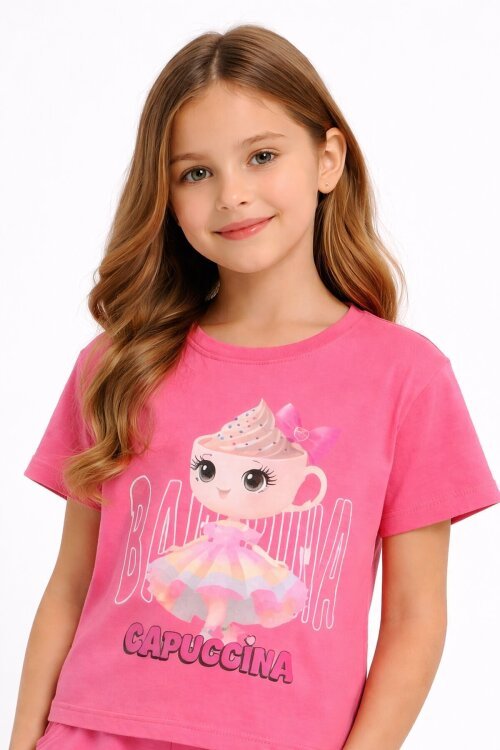 Pembe Sevimli Capuccina Baskılı Kız Çocuk Şortlu 2li Takım 23889