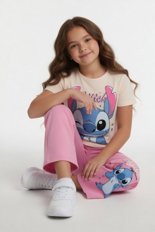 Pembe Sevimli Çizgi Karakter Baskılı Tişörtlü Kız Çocuk Geniş Paça  Takım 23857