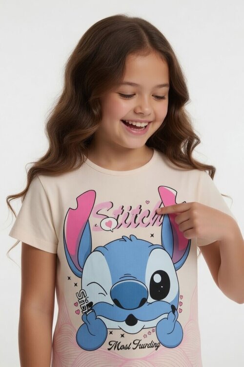 Pembe Sevimli Çizgi Karakter Baskılı Tişörtlü Kız Çocuk Geniş Paça  Takım 23857