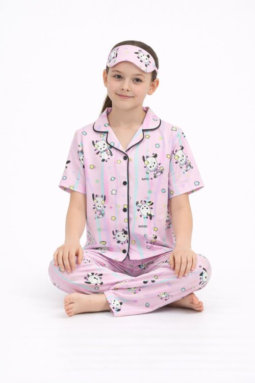 Pembe Sevimli Karakter Baskılı Kısa Kol Kız Çocuk Göz Bantlı Pijama Takmı 23826
