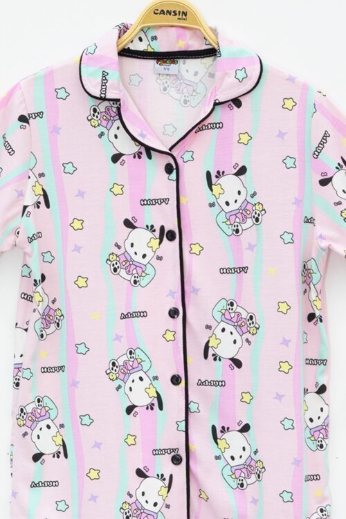 Pembe Sevimli Karakter Baskılı Kısa Kol Kız Çocuk Göz Bantlı Pijama Takmı 23826