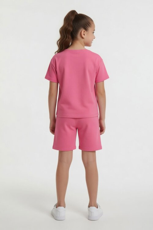 Pembe Sevimli Tavşan Baskı Bisiklet Yaka Kız Çocuk Şortlu Takım 23945