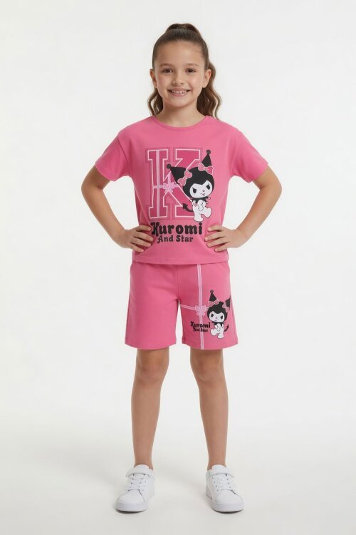 Pembe Sevimli Tavşan Baskı Bisiklet Yaka Kız Çocuk Şortlu Takım 23945
