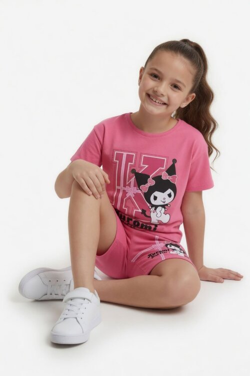 Pembe Sevimli Tavşan Baskı Bisiklet Yaka Kız Çocuk Şortlu Takım 23945