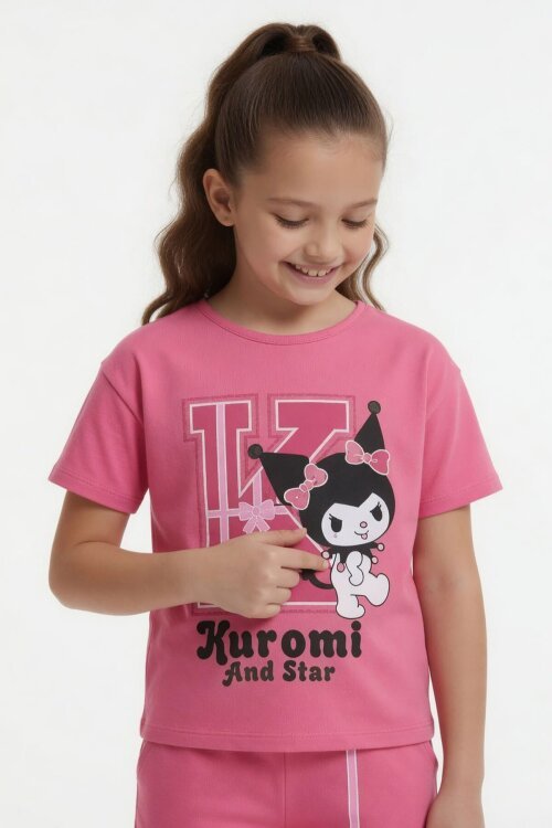 Pembe Sevimli Tavşan Baskı Bisiklet Yaka Kız Çocuk Şortlu Takım 23945