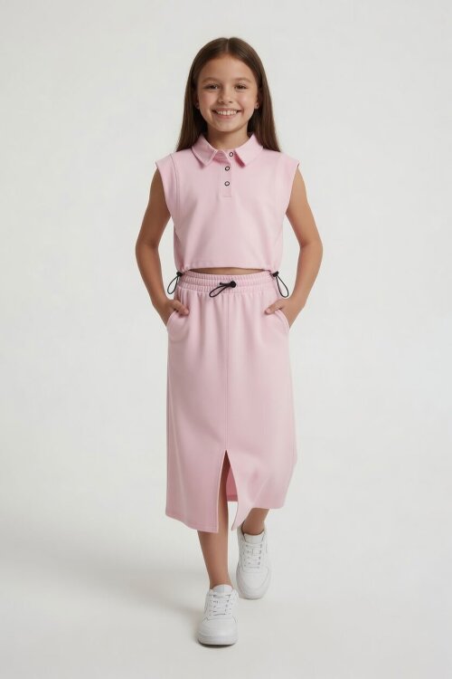 Pembe Sıfır Kol Crop ve Yırtmaç Detaylı Etekli Kız Çocuk Alt Üst Takım 24005