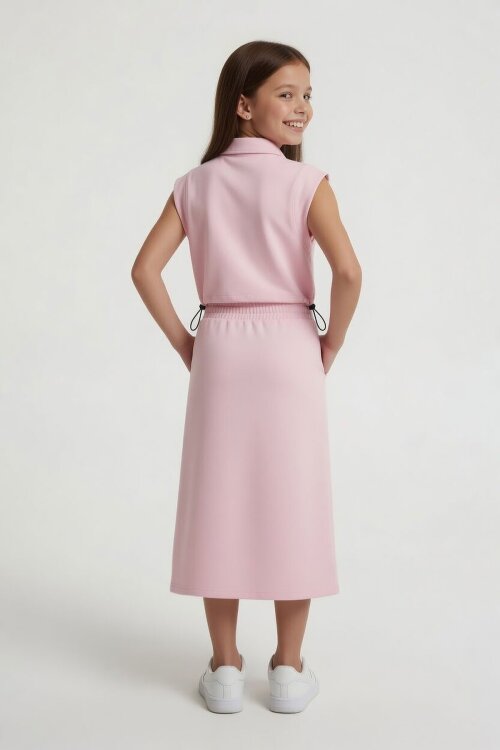 Pembe Sıfır Kol Crop ve Yırtmaç Detaylı Etekli Kız Çocuk Alt Üst Takım 24005