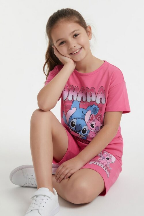 Pembe Simli Karakter Baskılı Tişörtlü Kız Çocuk Şortlu 2li Takım 23917