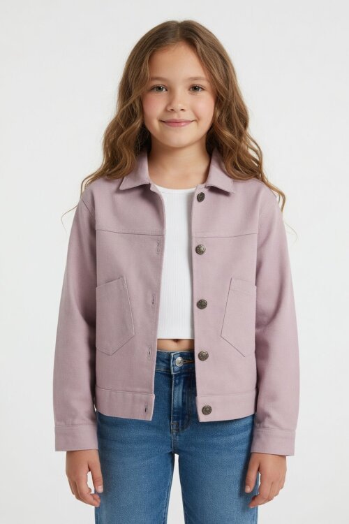 Pembe Sırtı Düğme Detaylı Kız Çocuk Gabardin Ceket 24559