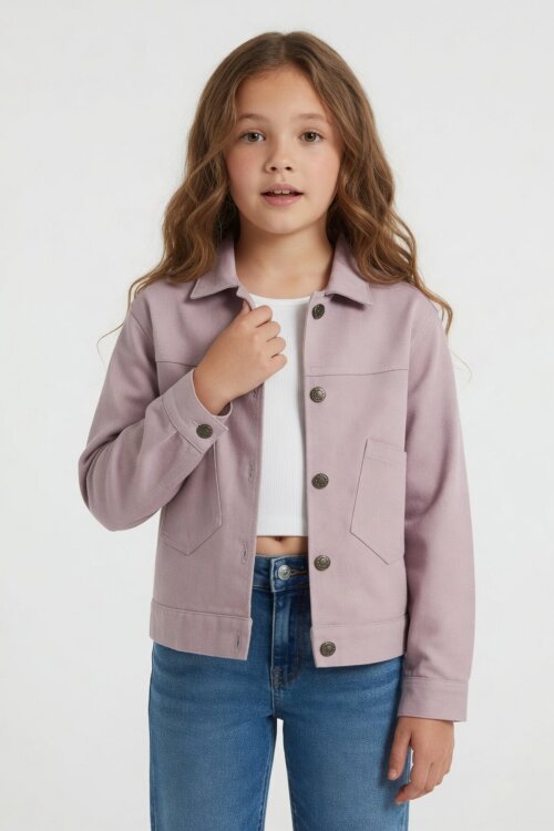 Pembe Sırtı Düğme Detaylı Kız Çocuk Gabardin Ceket 24559
