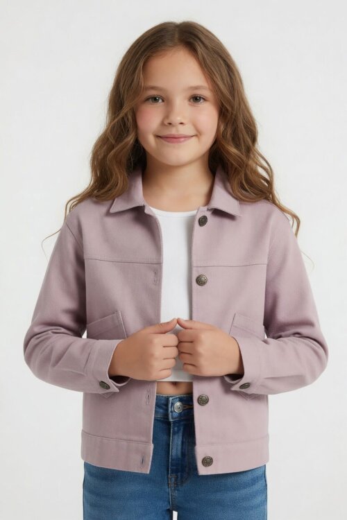 Pembe Sırtı Düğme Detaylı Kız Çocuk Gabardin Ceket 24559