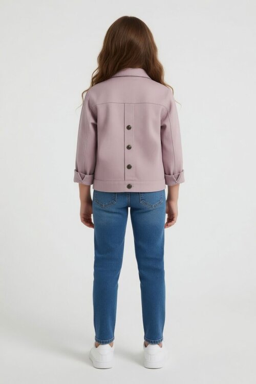 Pembe Sırtı Düğme Detaylı Kız Çocuk Gabardin Ceket 24559