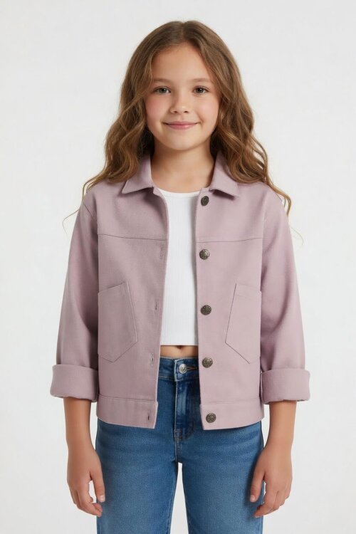 Pembe Sırtı Düğme Detaylı Kız Çocuk Gabardin Ceket 24559